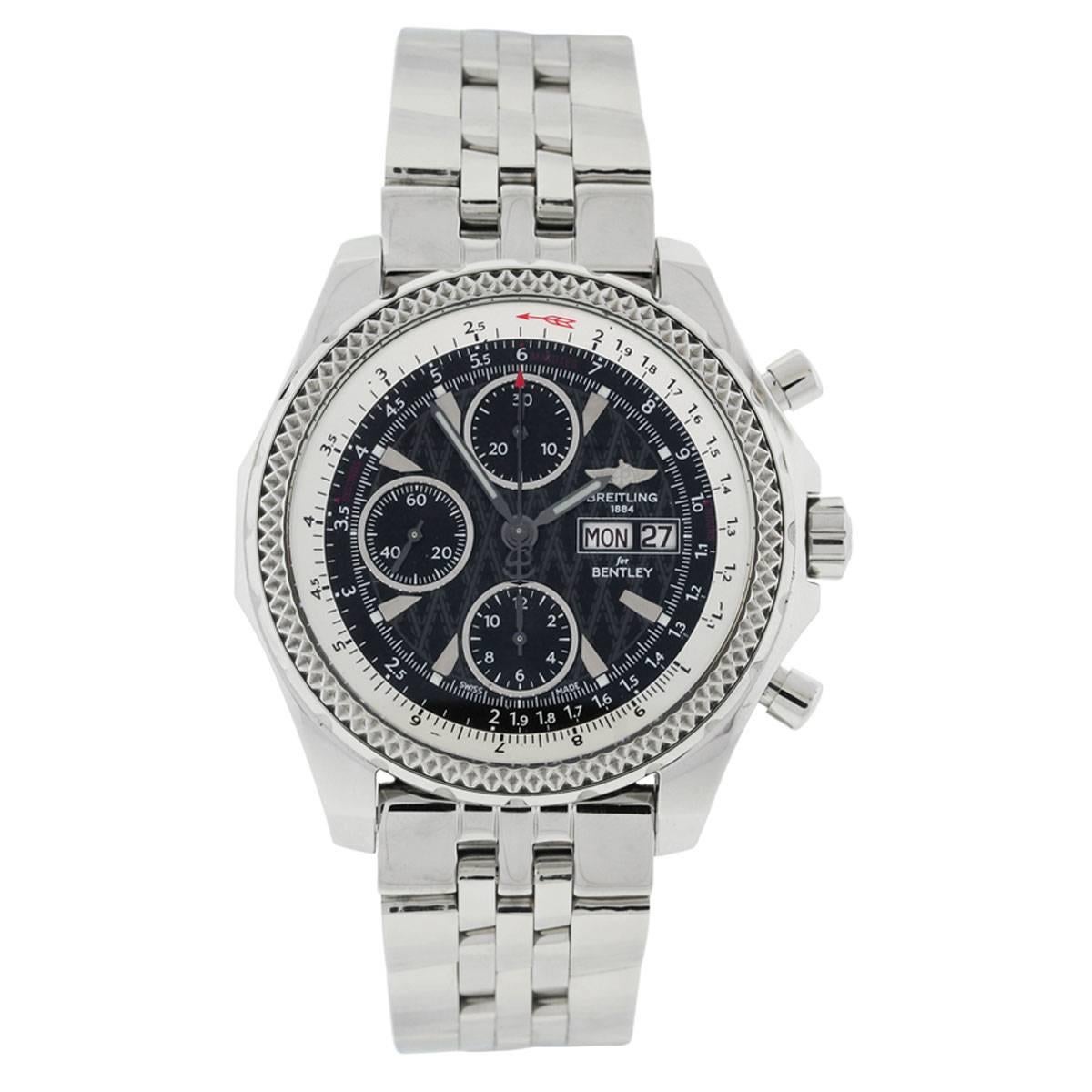 Brand: Breitling
MPN: A123362
Model: Bentley
Case Material: Stainless steel
Case Diameter: 44mm
Crystal: Scratch resistant sapphire
Bezel: Bidirectional
Dial: Black wave dial with day and date window at the 3 o’clock position
Bracelet: Stainless