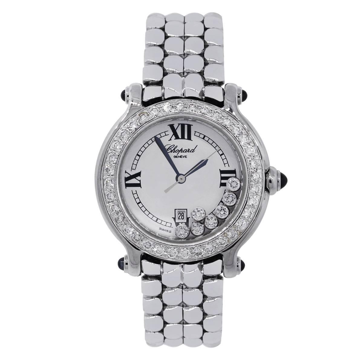 Brand: Chopard
MPN: 27/8236
Model: Happy Sport
Case Material: Stainless Steel
Case Diameter: 36mm
Crystal: Scratch resistant sapphire
Bezel: Diamond stainless steel fixed bezel
Dial: White dial with black roman numerals. Date is displayed at 6 o’