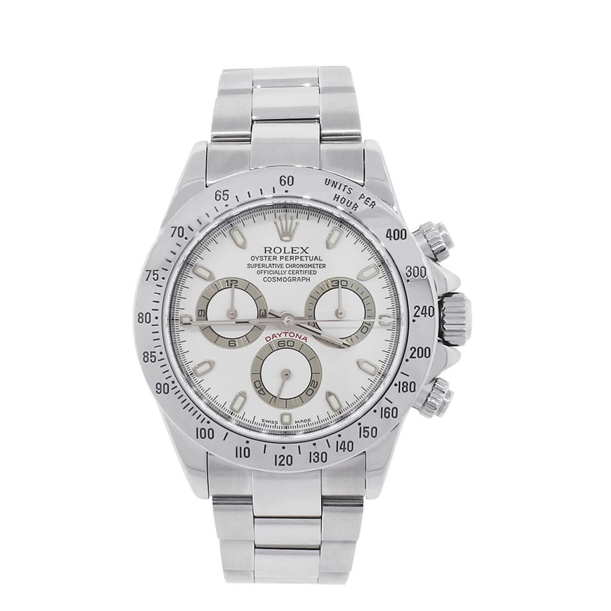 Brand: Rolex
MPN: 116520
Serial: “P” serial
Model: Daytona
Case Material: Stainless steel
Case Diameter: 40mm
Crystal: Scratch resistant sapphire
Bezel: Stainless steel bezel
Dial: White dial
Bracelet: Stainless steel oyster band
Size: 7″
Clasp: