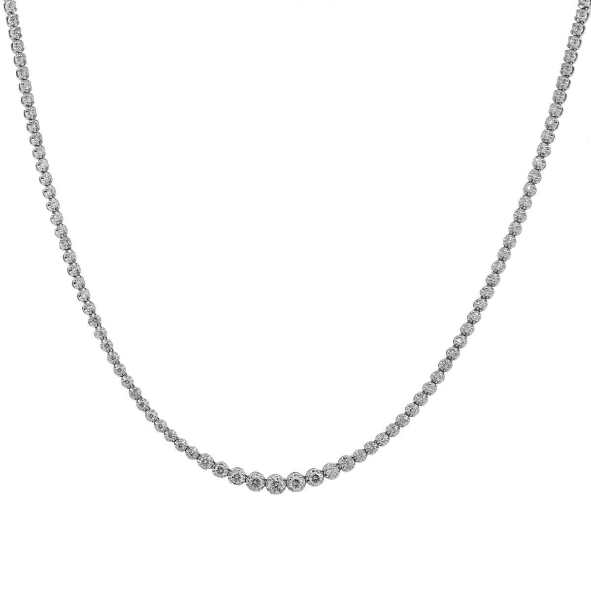 Material: 14k white gold
Diamond Details: Approximately 2ctw of round brilliant diamonds. Diamonds are H/I in color and SI in clarity.
Necklace Measurements: 16.5″
Necklace Clasp: Tongue in box clasp
Total Weight: 14.5g (9.3dwt)
SKU: G7017