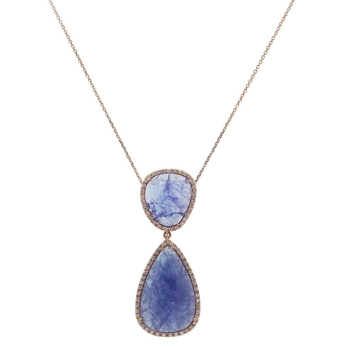 Material: 14k rose gold
Diamond Details: Approximately 0.78ctw round brilliant diamonds. Diamonds are G/H in color and VS in clarity.
Gemstones Details: Approximately 32.5ct tanzanite gemstone.
Pendant Measurements: 0.80″ x 0.25″ x 2.30″
Total