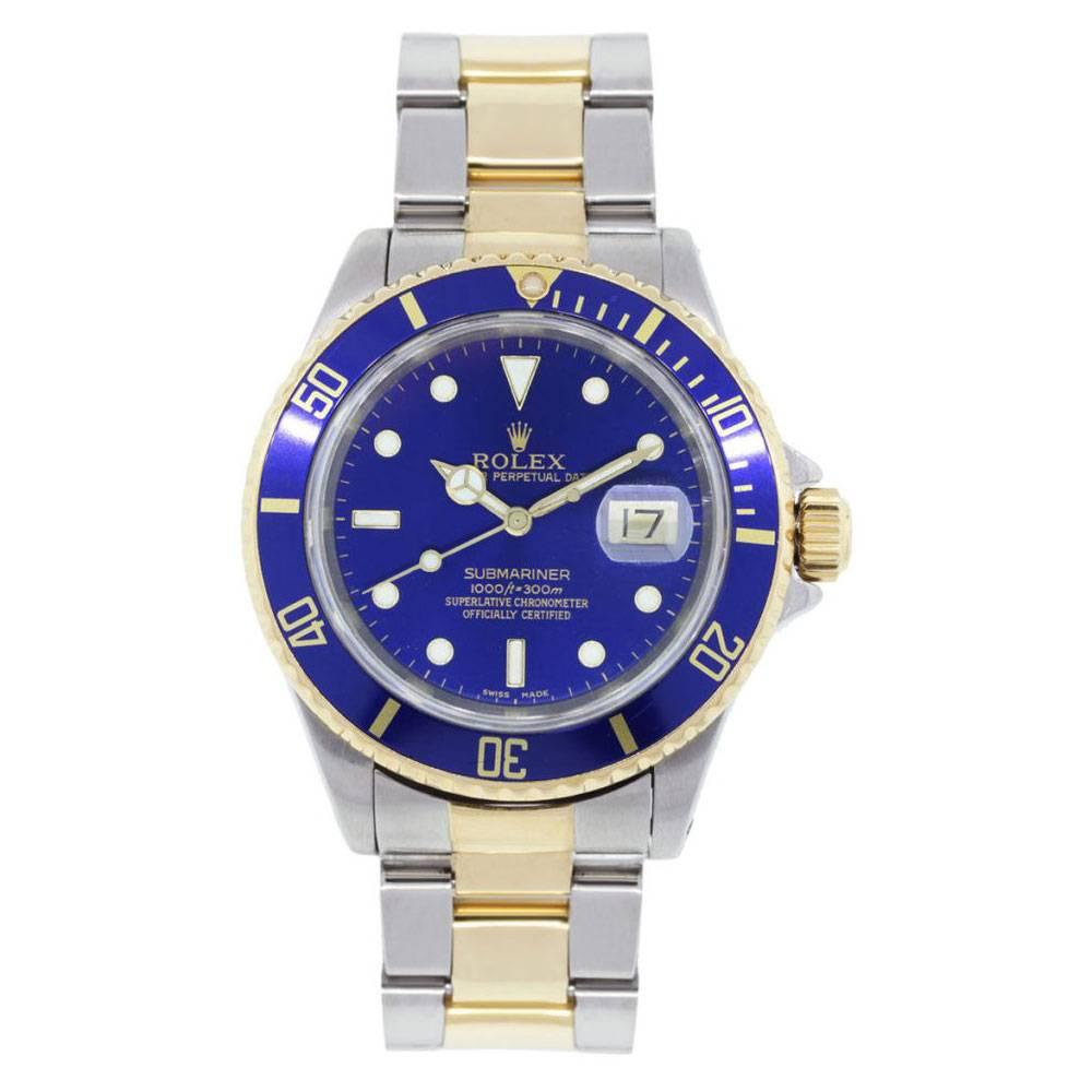 Brand: Rolex
MPN: 16613
Model: Submariner
Case Material: Two tone
Case Diameter: 40mm
Crystal: Sapphire Crystal
Bezel: Blue and yellow gold unidirectional rotating bezel
Dial: Blue dial with luminescent markers and date window at the 3 o’clock