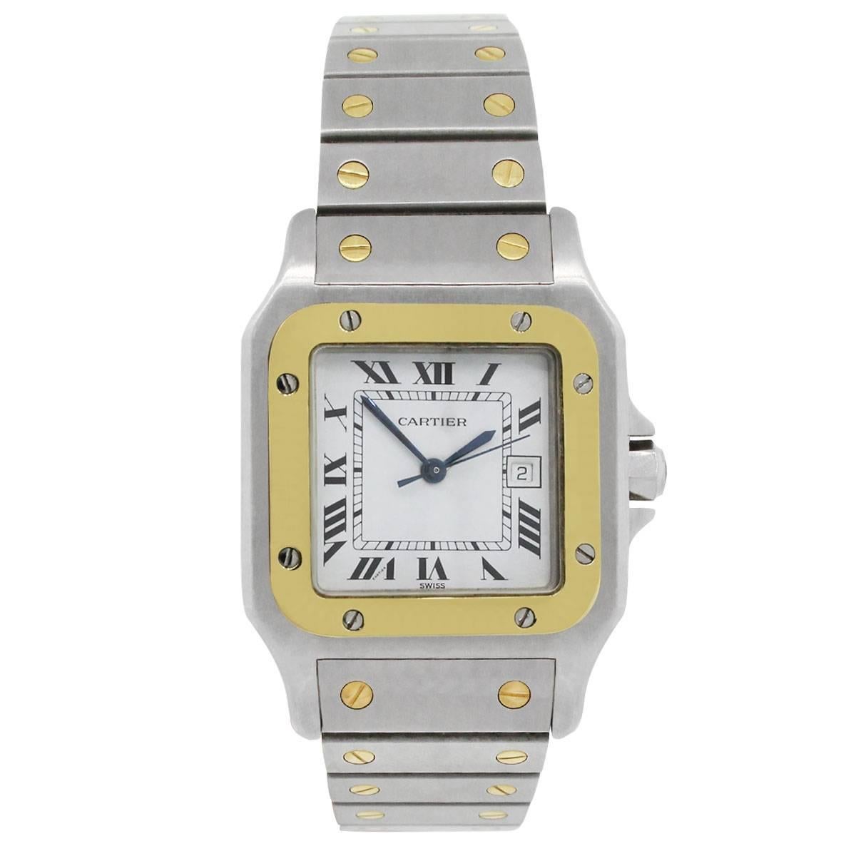 Brand: Cartier
MPN: 2961
Model: Santos Galbee
Case Material: Two tone
Case Diameter: 29mm
Crystal: Scratch resistant sapphire
Bezel: 18k Yellow gold smooth bezel
Dial: White dial with date displayed at 3 o’ clock. Date, Hours, Minutes, and