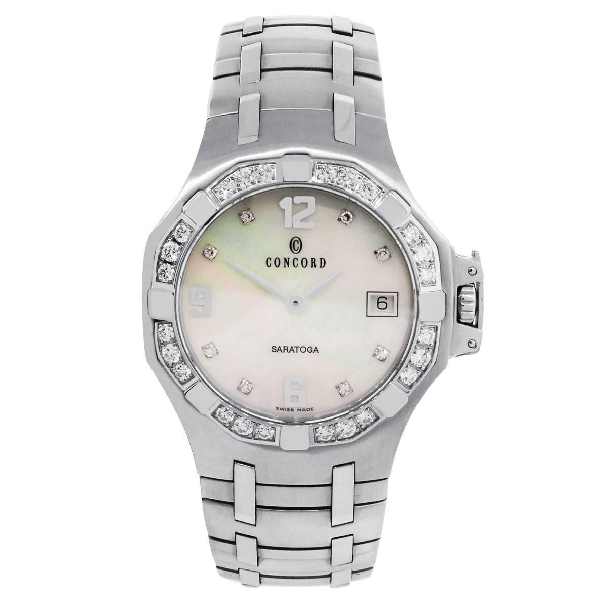 Brand: Concord
Model: Saratoga 14.C2.1894
Case Material: Stainless Steel
Case Diameter: 38mm
Crystal: Scratch Resistant Sapphire
Bezel: Fixed stainless steel diamond bezel
Dial: Mother of pearl dial with silver hour markers and hands. Date is