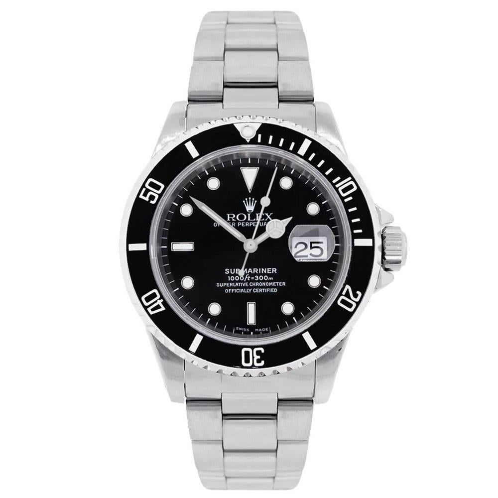 Brand: Rolex
MPN: 16610
Model: Submariner
Case Material: Stainless Steel
Case Diameter: 40mm
Crystal: Sapphire Crystal
Bezel: Black unidirectional rotating bezel
Dial: Black dial with luminescent markers and date window at the 3 o’clock