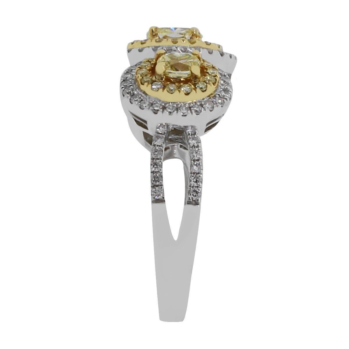 Material: 18k two tone gold
Diamond Details: Approximately 1.03ctw yellow diamonds and approximately 0.44ctw white diamonds. Diamonds are G/H in color and VS in clarity.
Size: 7
Total Weight: 7.6g (4.9dwt)
Measurements: 0.80″ x 0.45″ x 1.10″
SKU:
