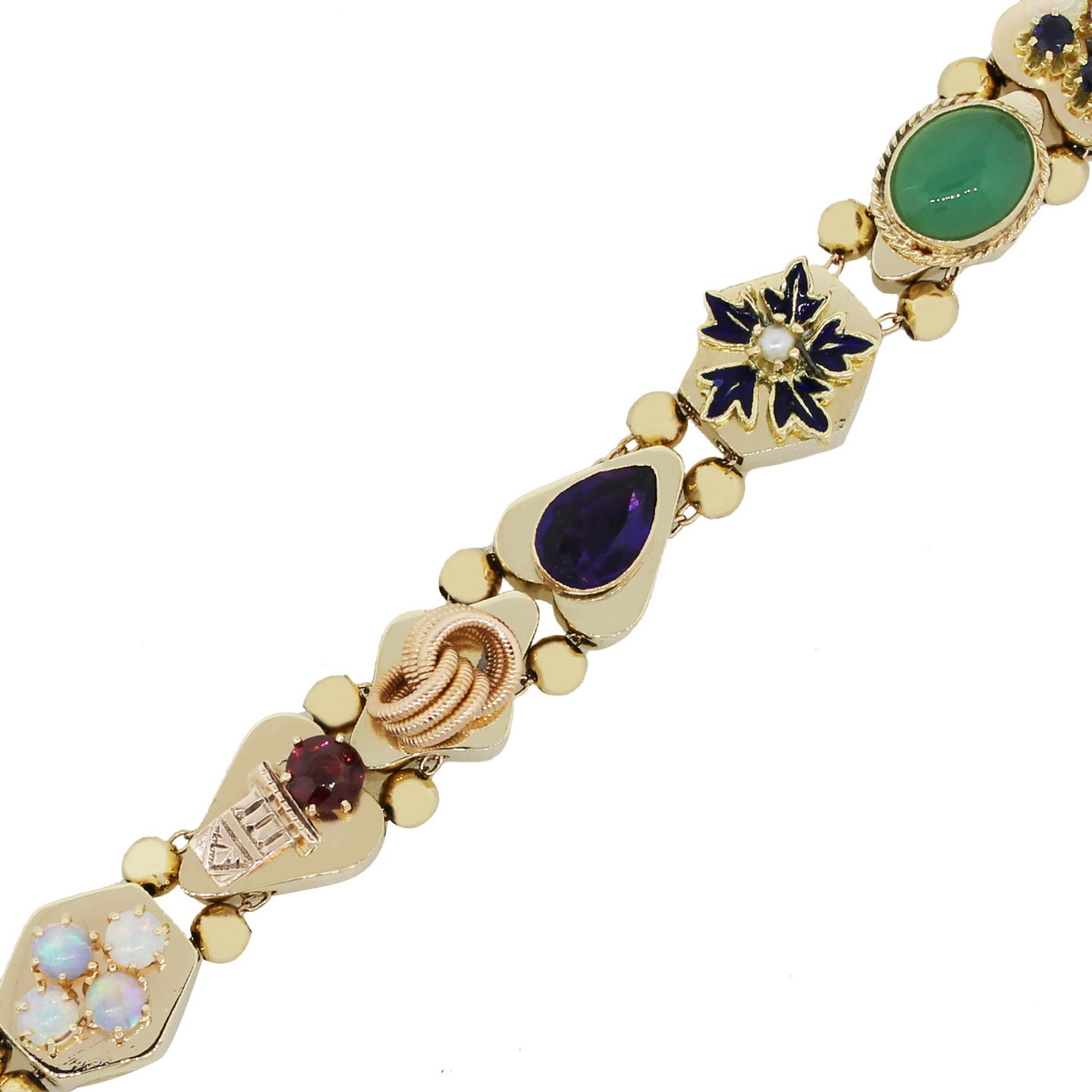 Pulsera de Oro Amarillo de 14 Kilates con Múltiples Piedras Preciosas en Excelente estado para la venta en Boca Raton, FL