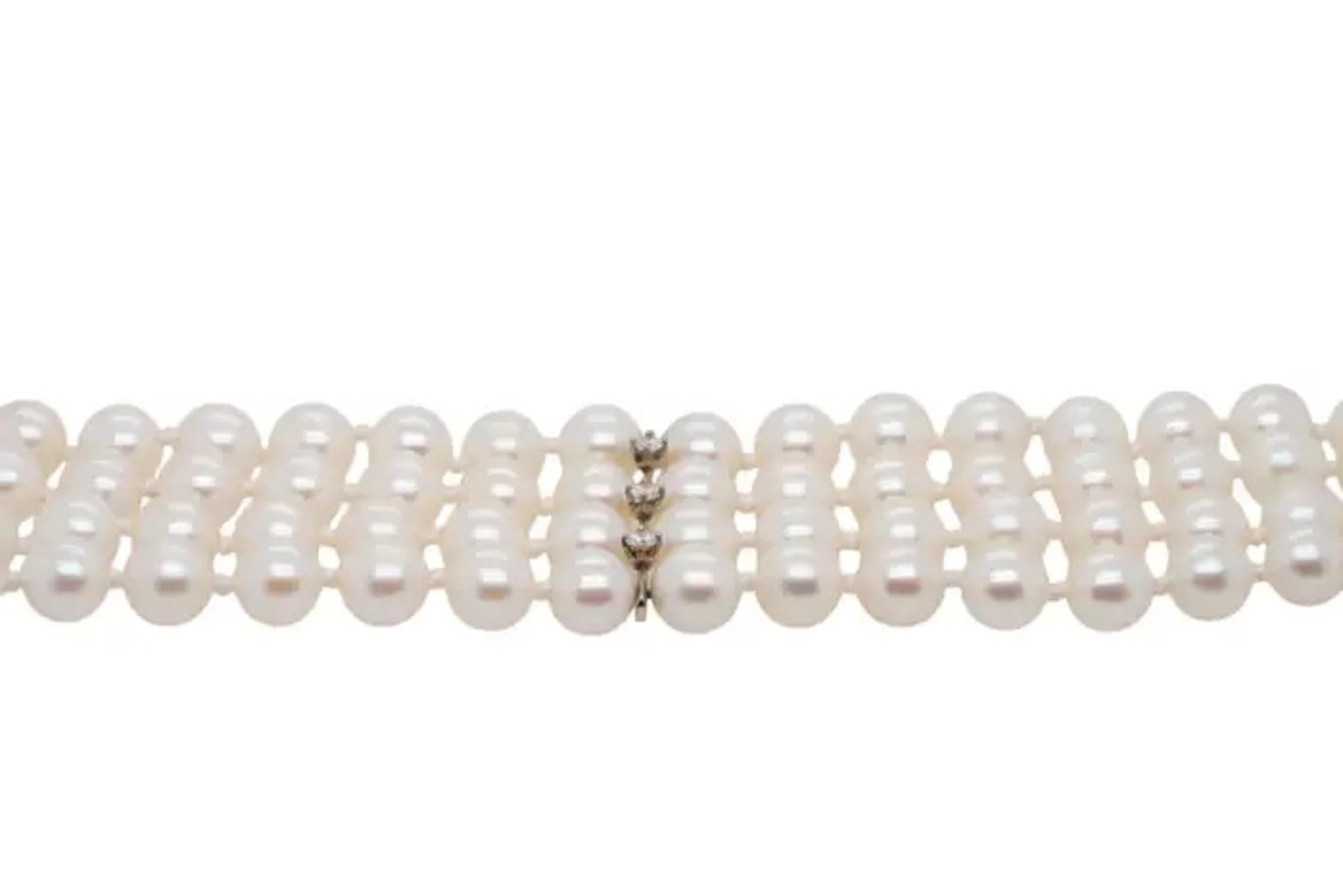 Bracelet en or blanc 14 carats à 4 rangs de perles et diamants naturels en vente 1