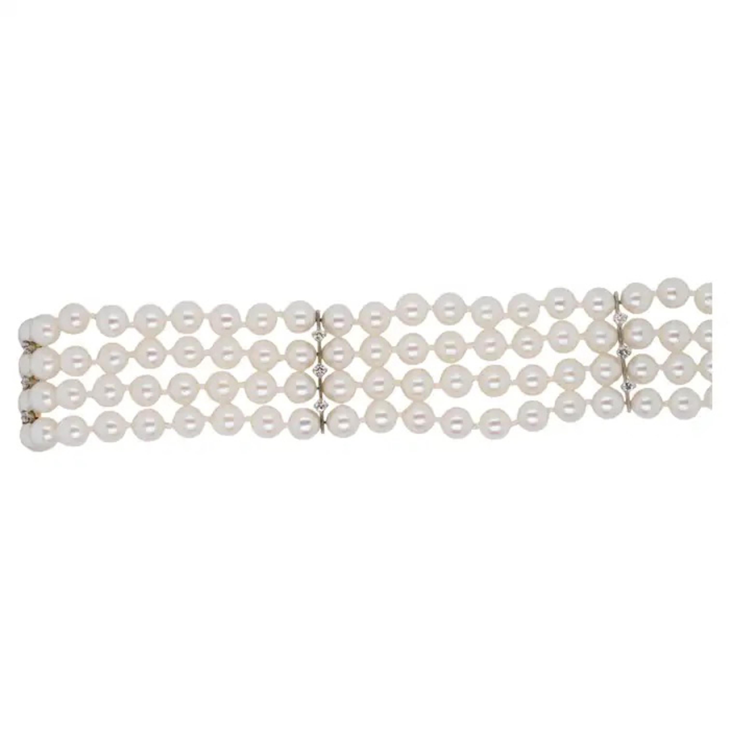 Bracelet en or blanc 14 carats à 4 rangs de perles et diamants naturels en vente 3