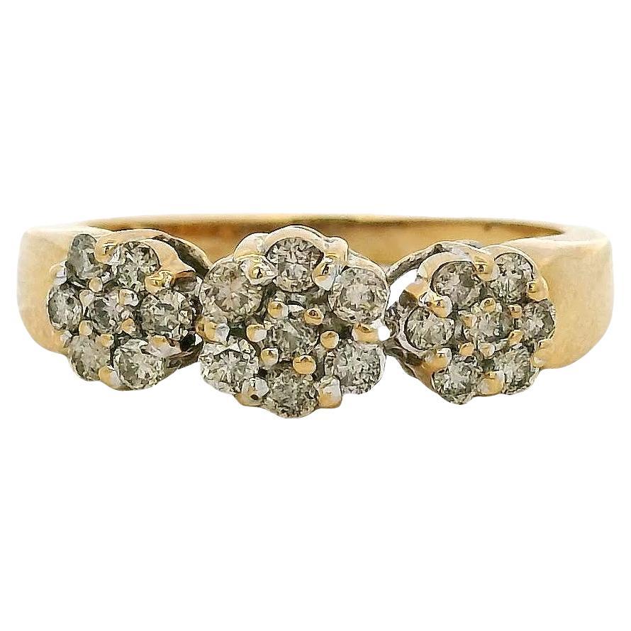 Vintage 14k Yellow Gold approx. 0.32ctw Natural Round Diamond Three Flower Ring