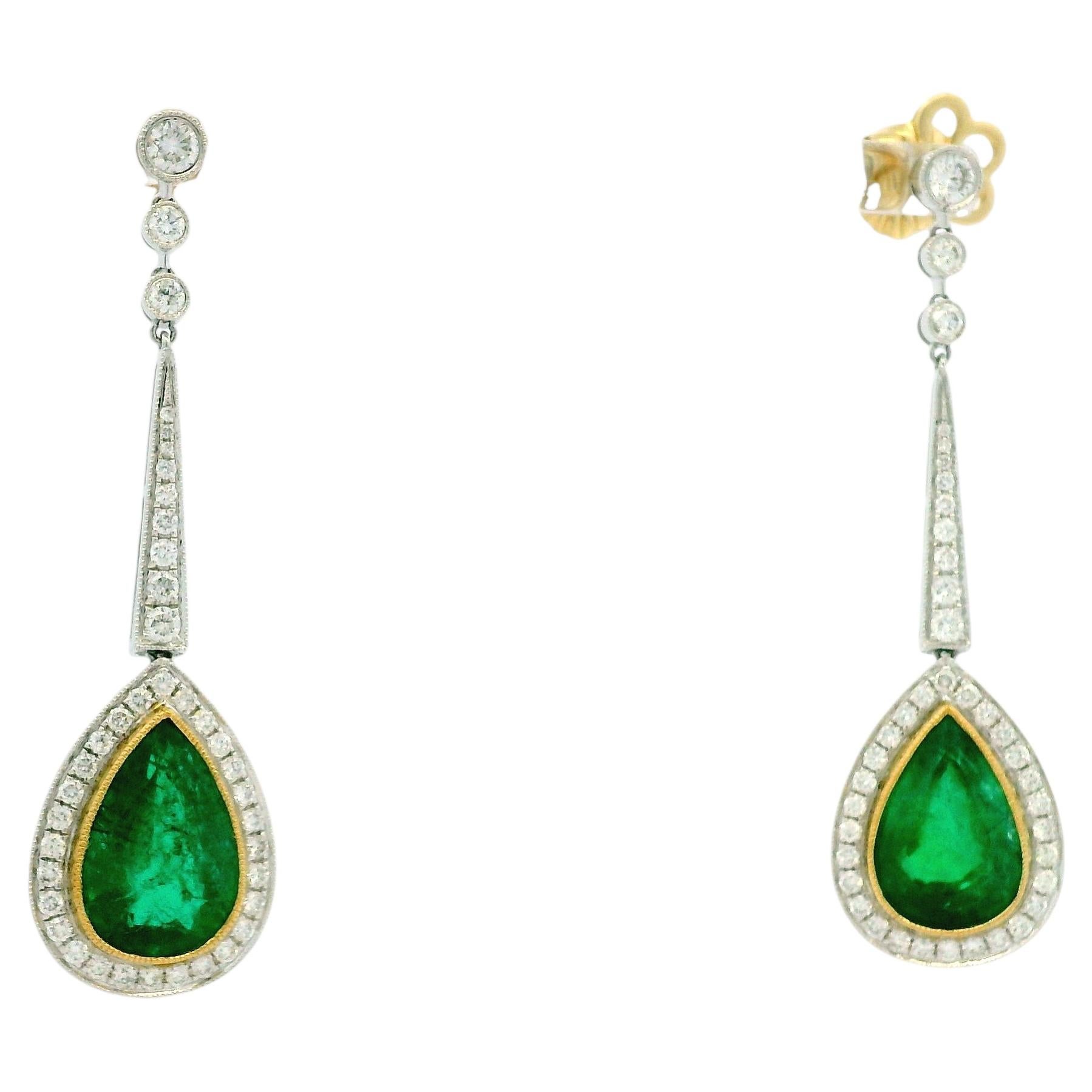 18k White Gold 11.51ct Emerald and 1.54ctw Round Brilliant Diamond Drop Earrings