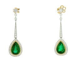 18k White Gold 11.51ct Emerald and 1.54ctw Round Brilliant Diamond Drop Earrings