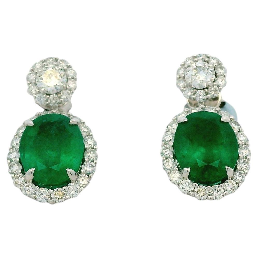 14k White Gold 5.21ctw GIA Certified Natural Green Emerald and Diamond Dangle