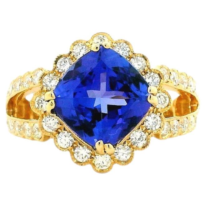 14k Yellow Gold 3.75ct Cushion Cut Tanzanite Halo Cocktail Ring