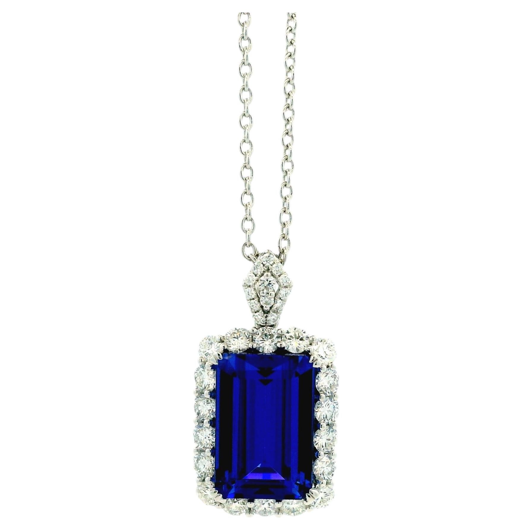 14k White Gold 13.50ct Emerald Cut Tanzanite & 2.54ctw Round Halo Necklace For Sale