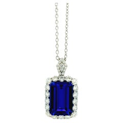 14k White Gold 13.50ct Emerald Cut Tanzanite & 2.54ctw Round Halo Necklace