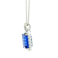 14k White Gold 13.50ct Emerald Cut Tanzanite & 2.54ctw Round Halo Necklace