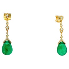 18k Yellow Gold GIA Certified 14.91ct Natural Emerald and 0.44ctw Round Earrings