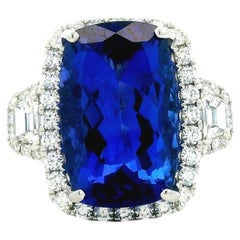 Platinum 9.35ct Cushion Cut Tanzanite and Diamond Halo Cocktail Ring