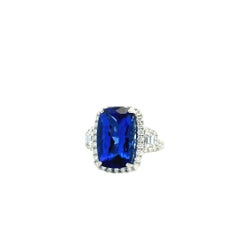 Platinum 9.35ct Cushion Cut Tanzanite and Diamond Halo Cocktail Ring