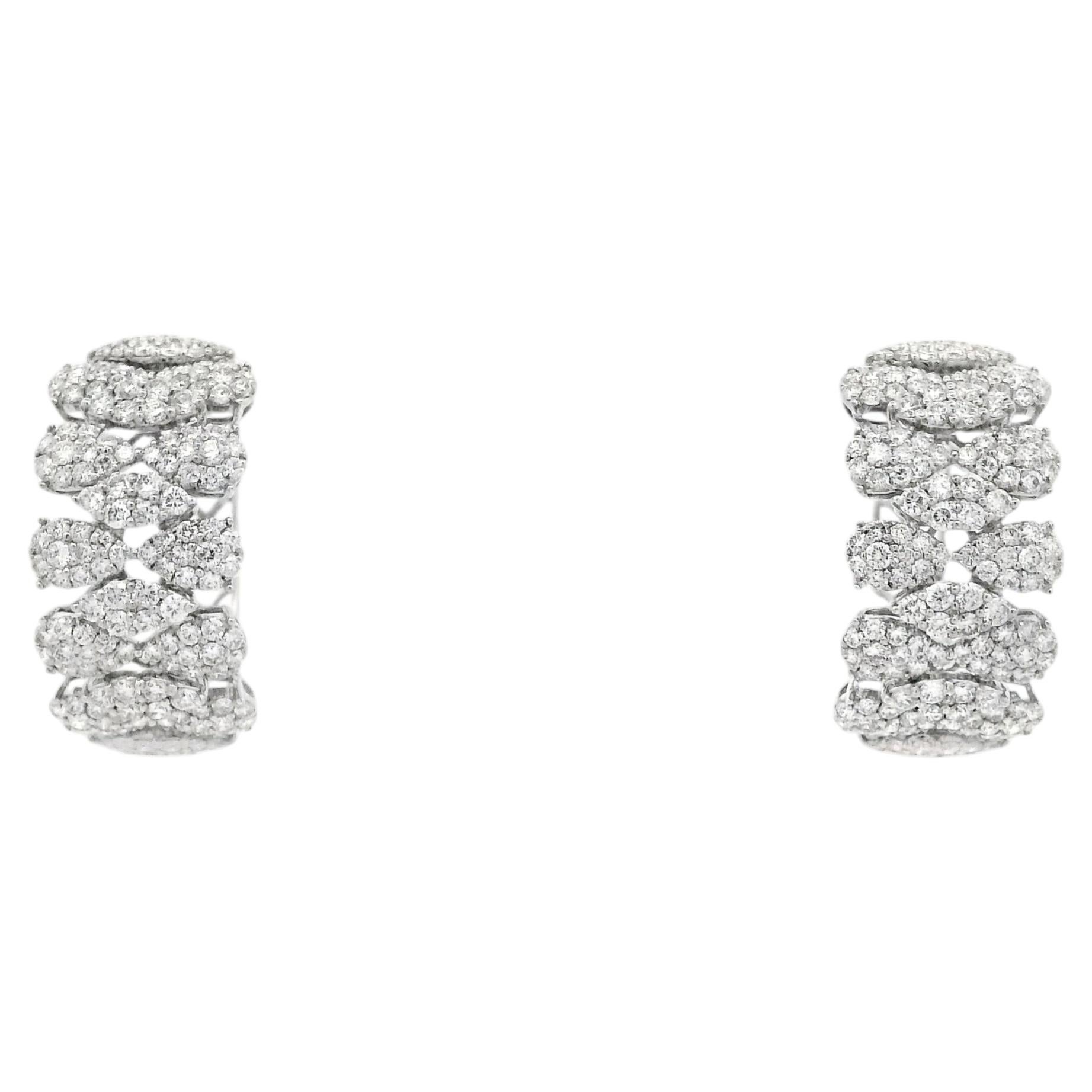 18k White Gold 5.97ctw Round Brilliant Diamond Cluster Pavé Hoop Earrings