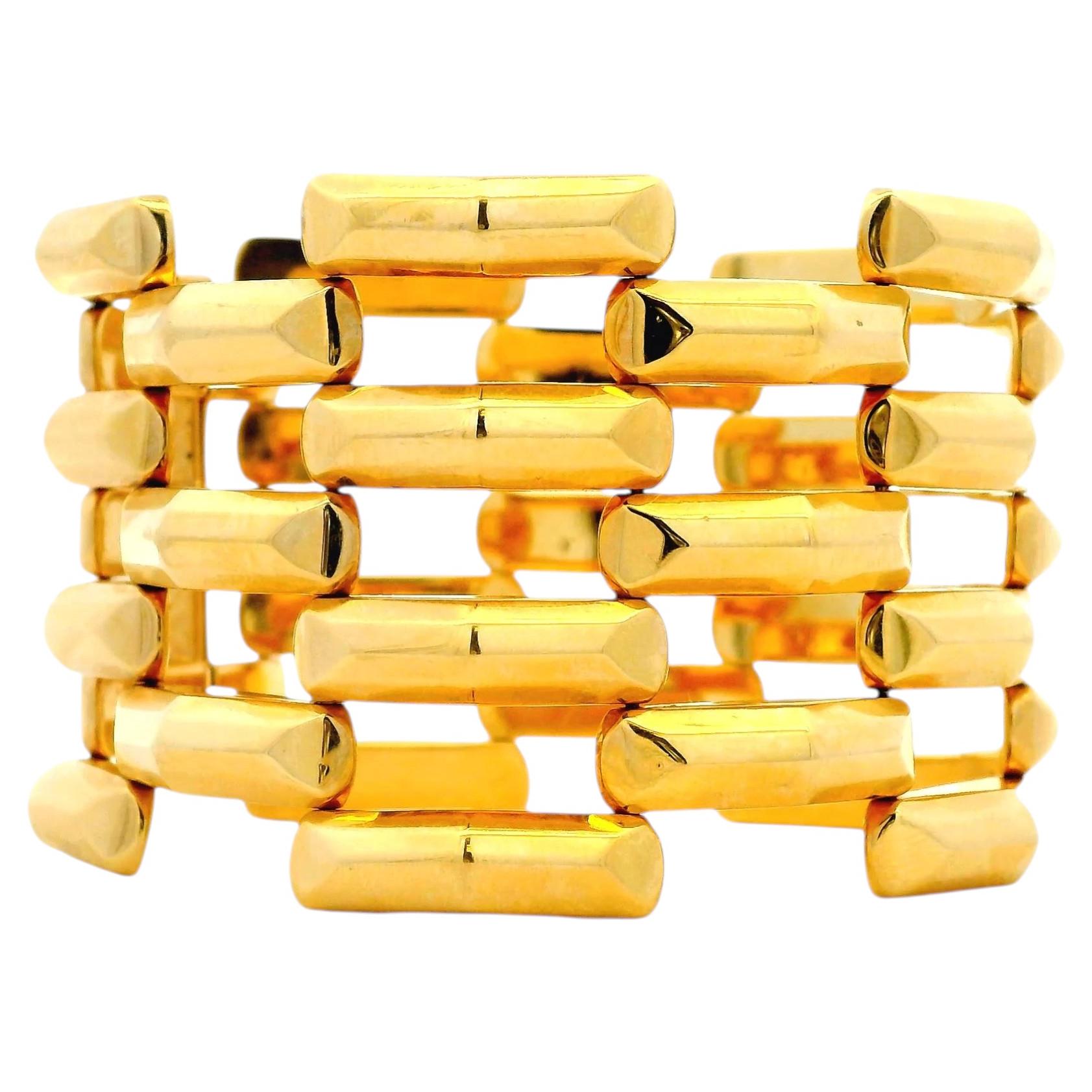 14k Yellow Gold Wide Multi-Row Brick Link Panel Bracelet For Sale