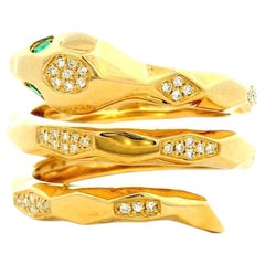 14k Yellow Gold 0.15ct Round Brilliant Diamond and 0.07ct Emerald Cut Snake Ring
