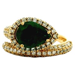 14k Yellow Gold 1.23ct Pear Cut Natural Emerald and 1.15ctw Diamond Halo Pavé Cr