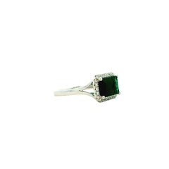 14k White Gold 3.54ct Emerald Cut Blue Tourmaline and 0.27ctw Diamond Halo Ring