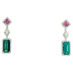 14k White Gold 6.52ctw Blue Tourmaline, Pink Sapphire, and Diamond Drop Earrings