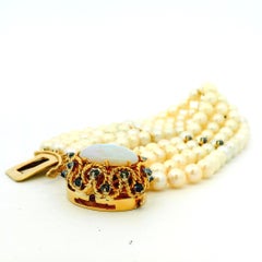 14k Yellow Gold 4-Strand Natural Pearl Bracelet with Opal and Natural Sapphire
