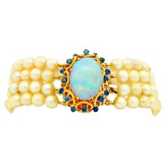 14k Yellow Gold 4-Strand Natural Pearl Bracelet with Opal and Natural Sapphire