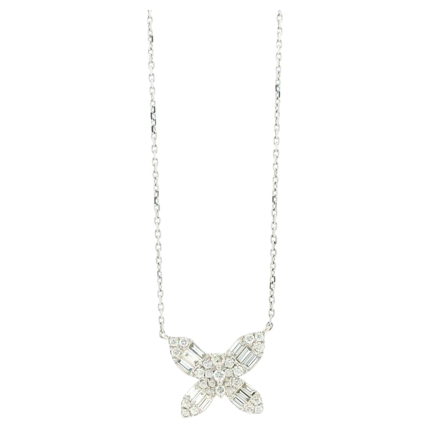 18k White Gold 0.79ctw Natural Round & Baguette Diamond Butterfly Pendant