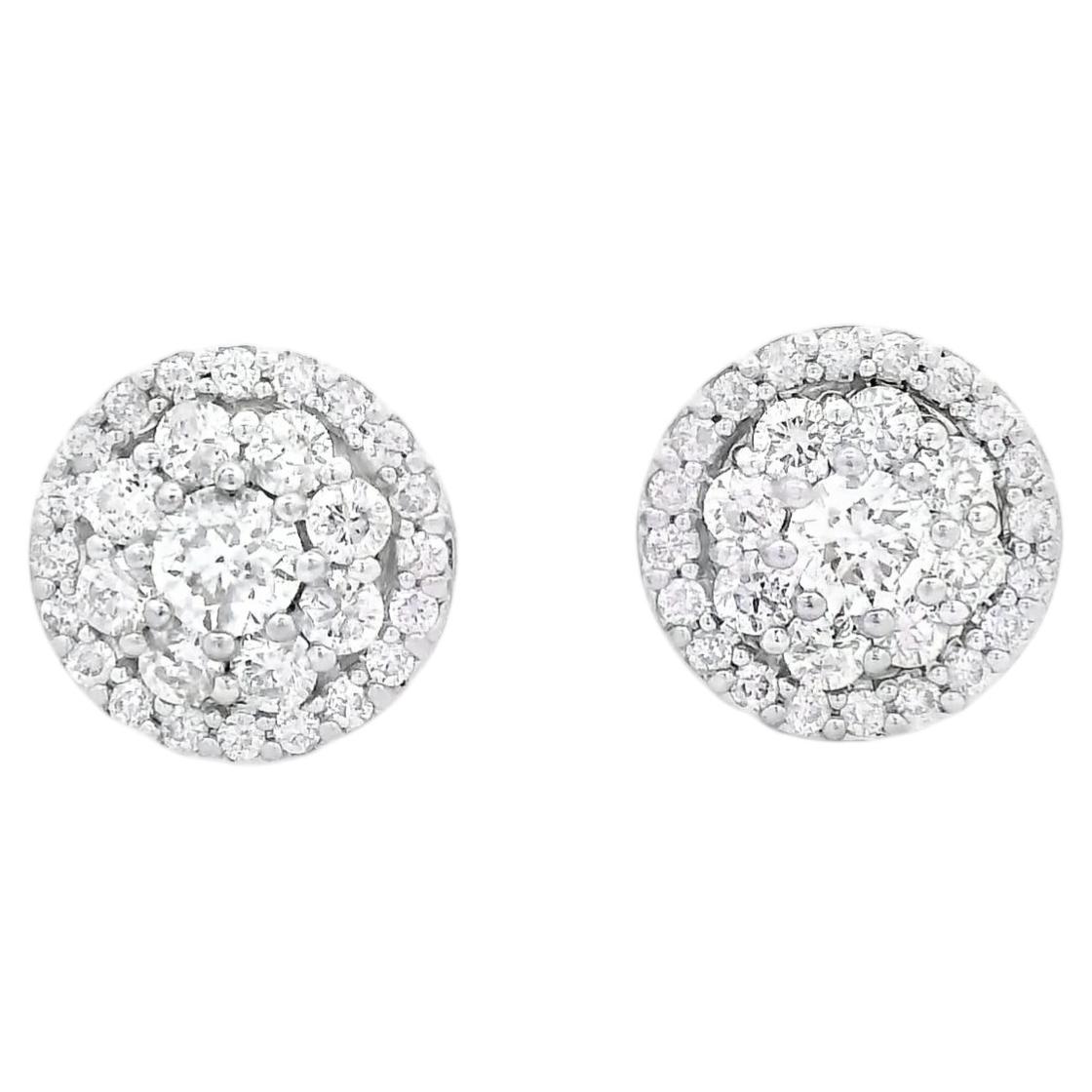18k White Gold 1.3ctw Round Brilliant Diamond Cluster Stud Earrings