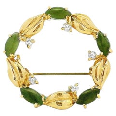 14k Yellow Gold Jade and Diamond Floral Wreath Brooch Pin