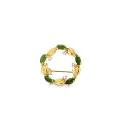 14k Yellow Gold Jade and Diamond Floral Wreath Brooch Pin