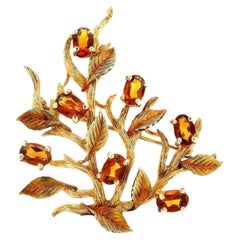 14k Yellow Gold Vintage Orange Gemstone Branch and Leaves Brooch Pin