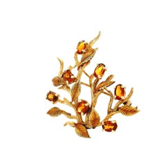 14k Yellow Gold Vintage Orange Gemstone Branch and Leaves Brooch Pin