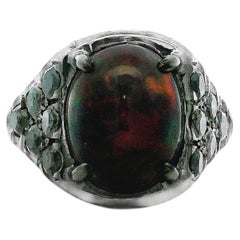 18k White Gold Oval Black Opal and Pavé Diamond Ring