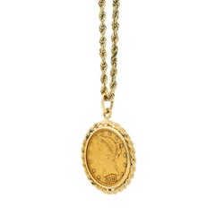 14k Yellow Gold Rope Chain Necklace with 1901 Liberty Head $5 Gold Coin Pendant