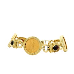 14k Yellow Gold American Eagle Coin Bracelet with Cabochon Gemstones