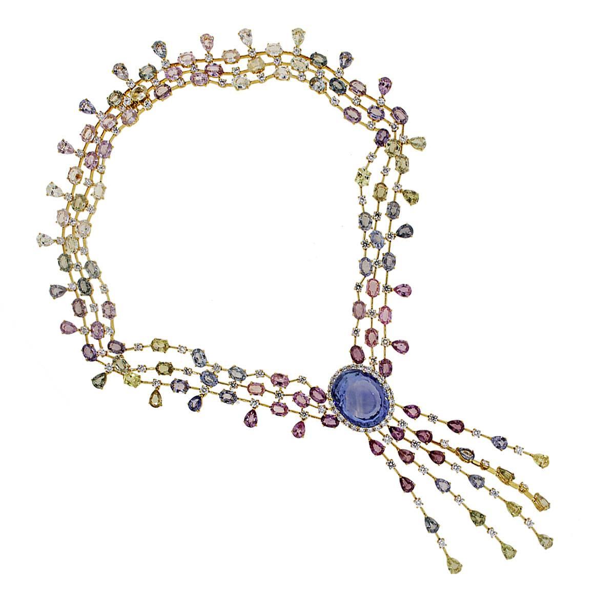 Contemporary 48.85 Carat Unheated Sapphire and Diamond Necklace