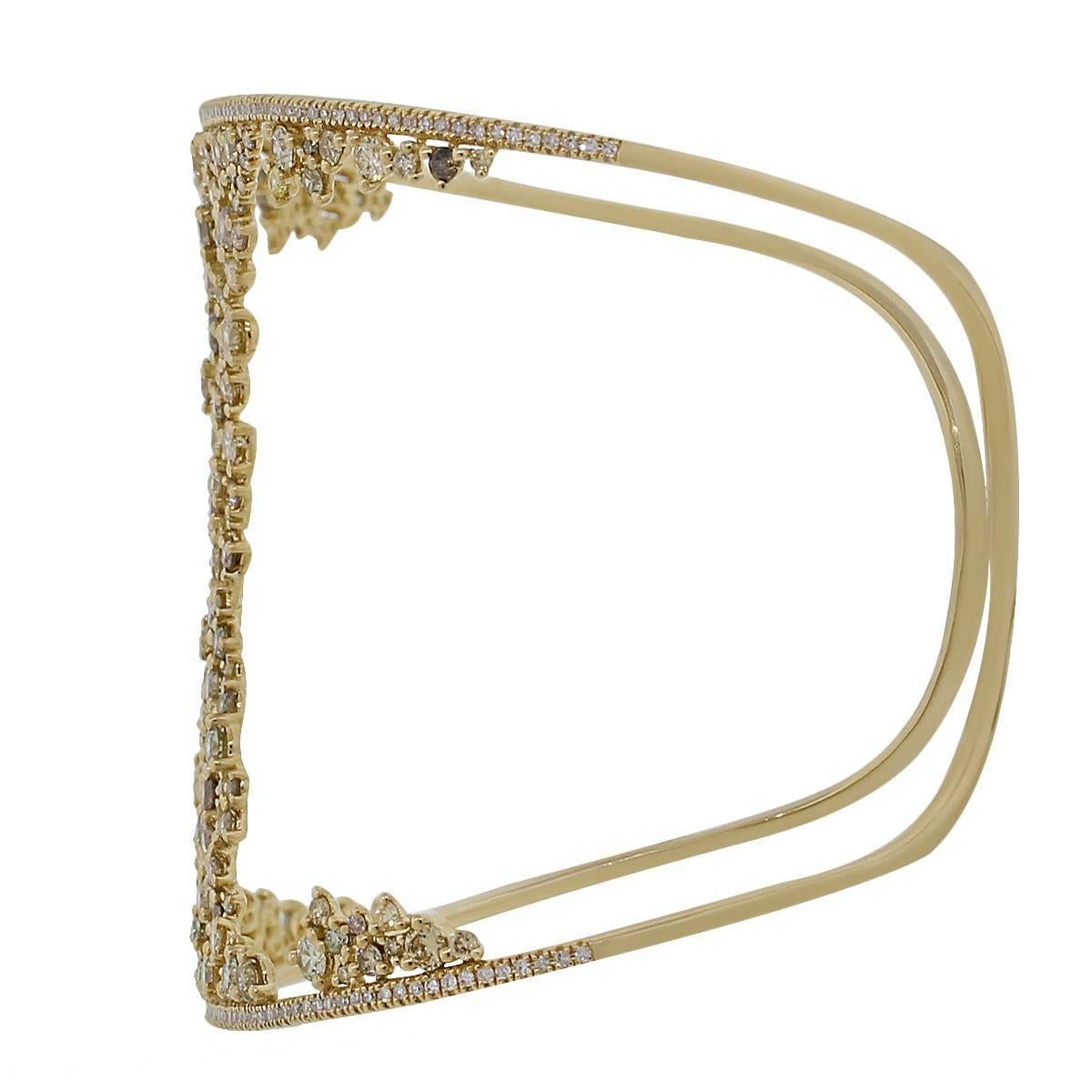 Style: Diamond bangle bracelet
Material: 18k Yellow Gold
Diamond Details: Approximately 4.7ctw of warm champagne diamonds and white diamonds. White diamonds are G/H in color and VS in clarity
Clasp: This bracelet features a spring ring safety