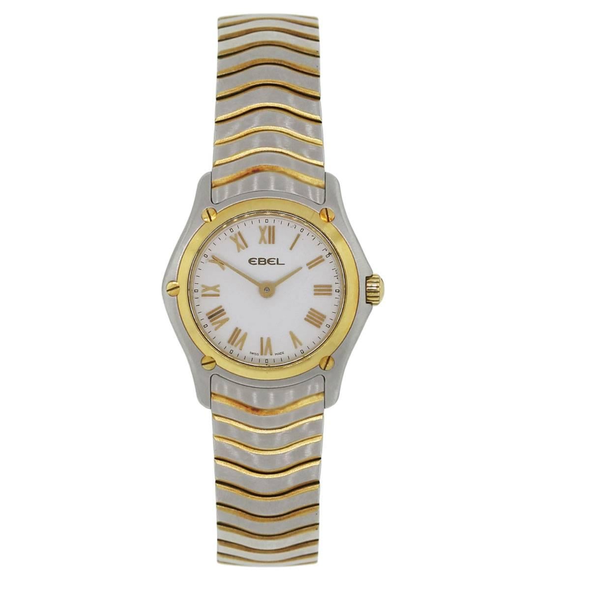 Brand: Ebel
Style: Wave
MPN: E-1003F11.1
Case Material: Stainless steel
Case Diameter: 25mm
Bezel: 18k yellow gold
Dial: White roman dial with gold hands
Bracelet: Two tone stainless steel and gold band
Crystal: Sapphire
Size: Will fit a 6″