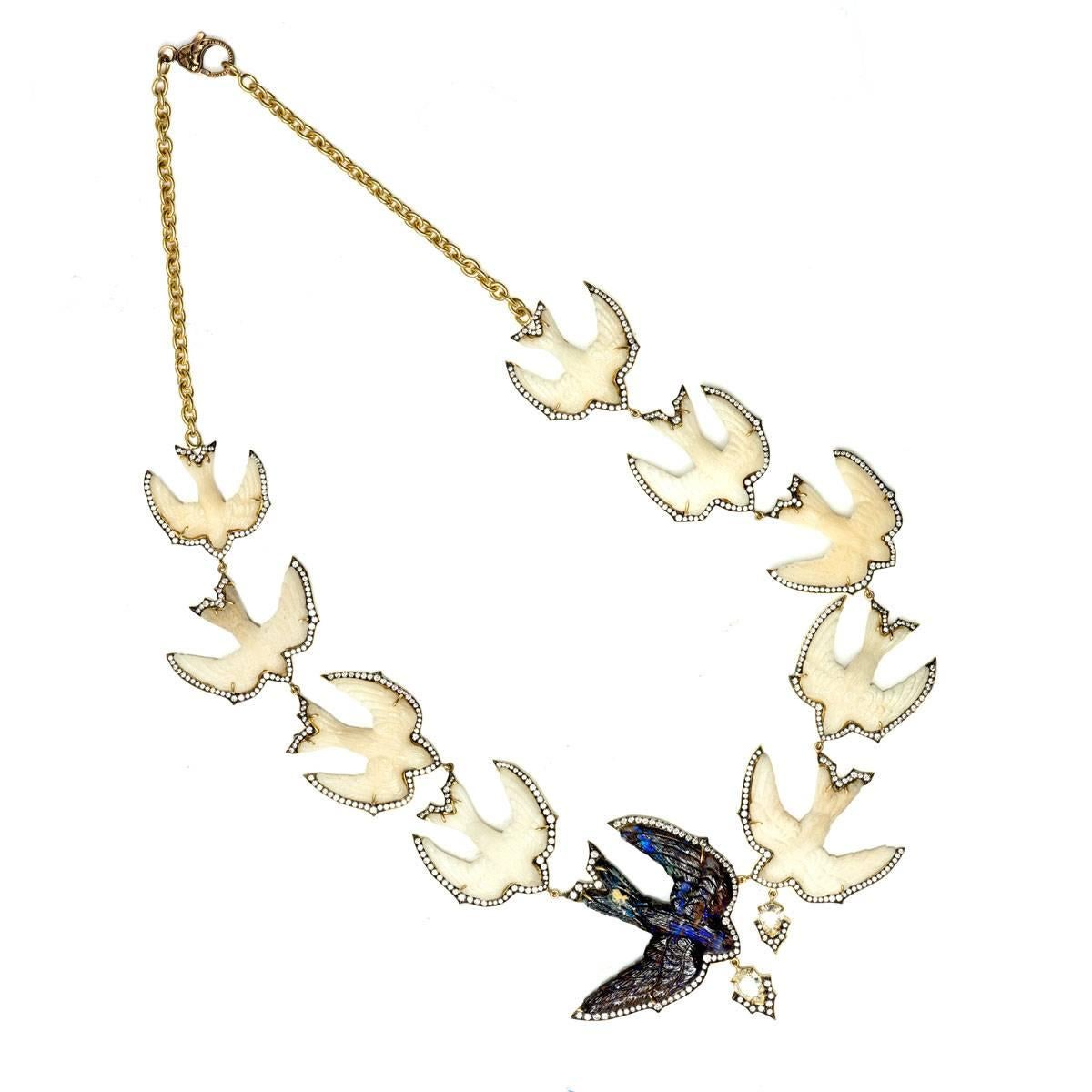 Sylva & Cie. Handmade Swallow Bird Tagua, Opal and Diamond Necklace