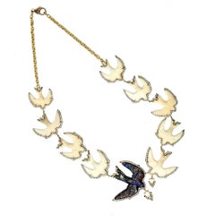 Sylva & Cie. Handmade Swallow Bird Tagua, Opal and Diamond Necklace