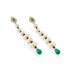 KC Sukamto Tagua Emerald Onyx Diamond Yellow Gold Drop Earring