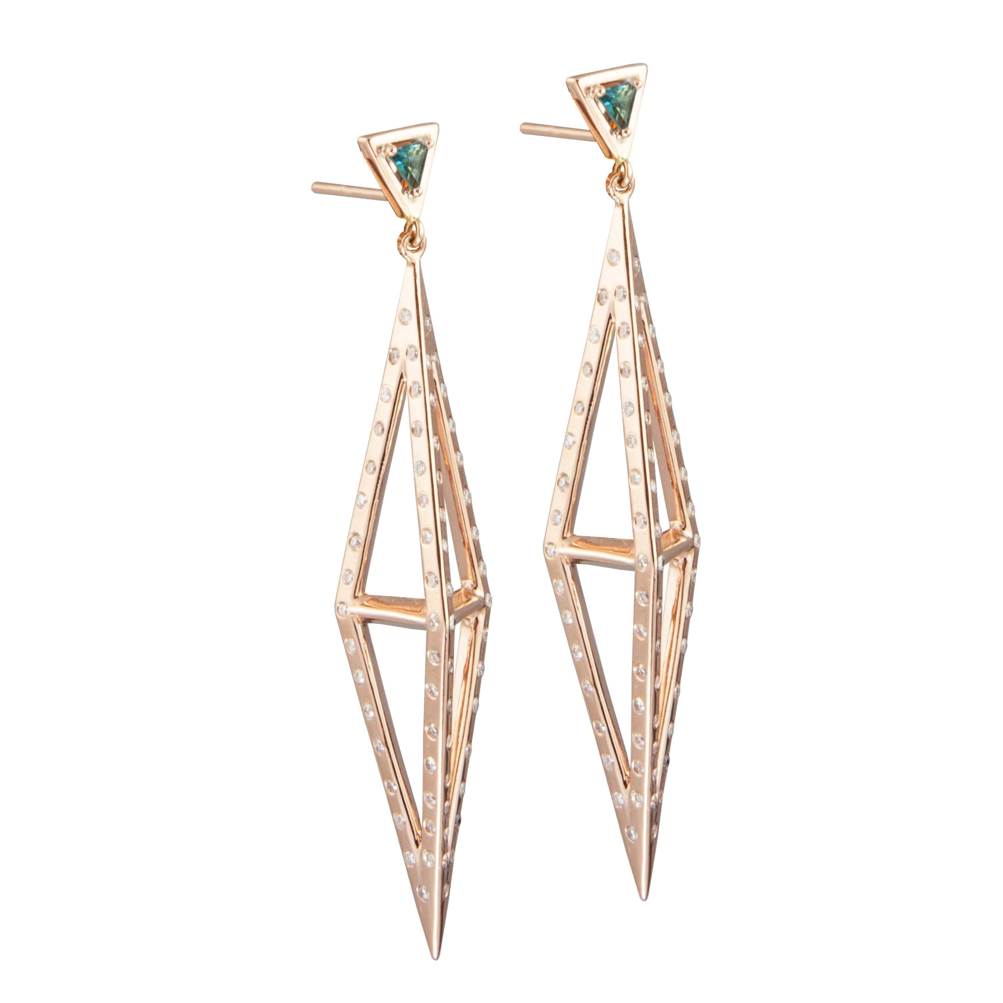 Tetrahedron Earring 18 K Rose Gold & Green Tourmaline and Diamonds By Kattri For Sale