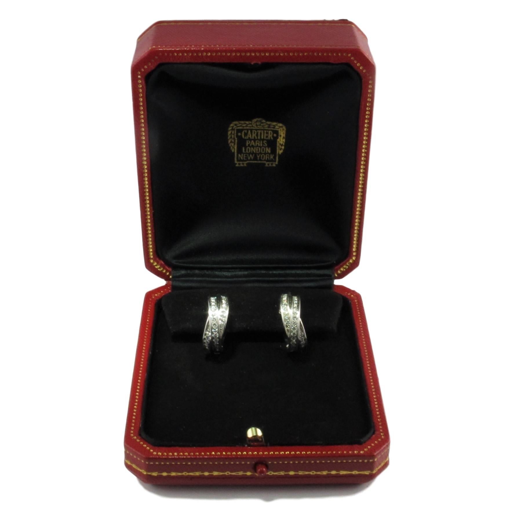 Modern Pair of Cartier Diamond 18 Karat white Gold Trinity Hoop Earrings