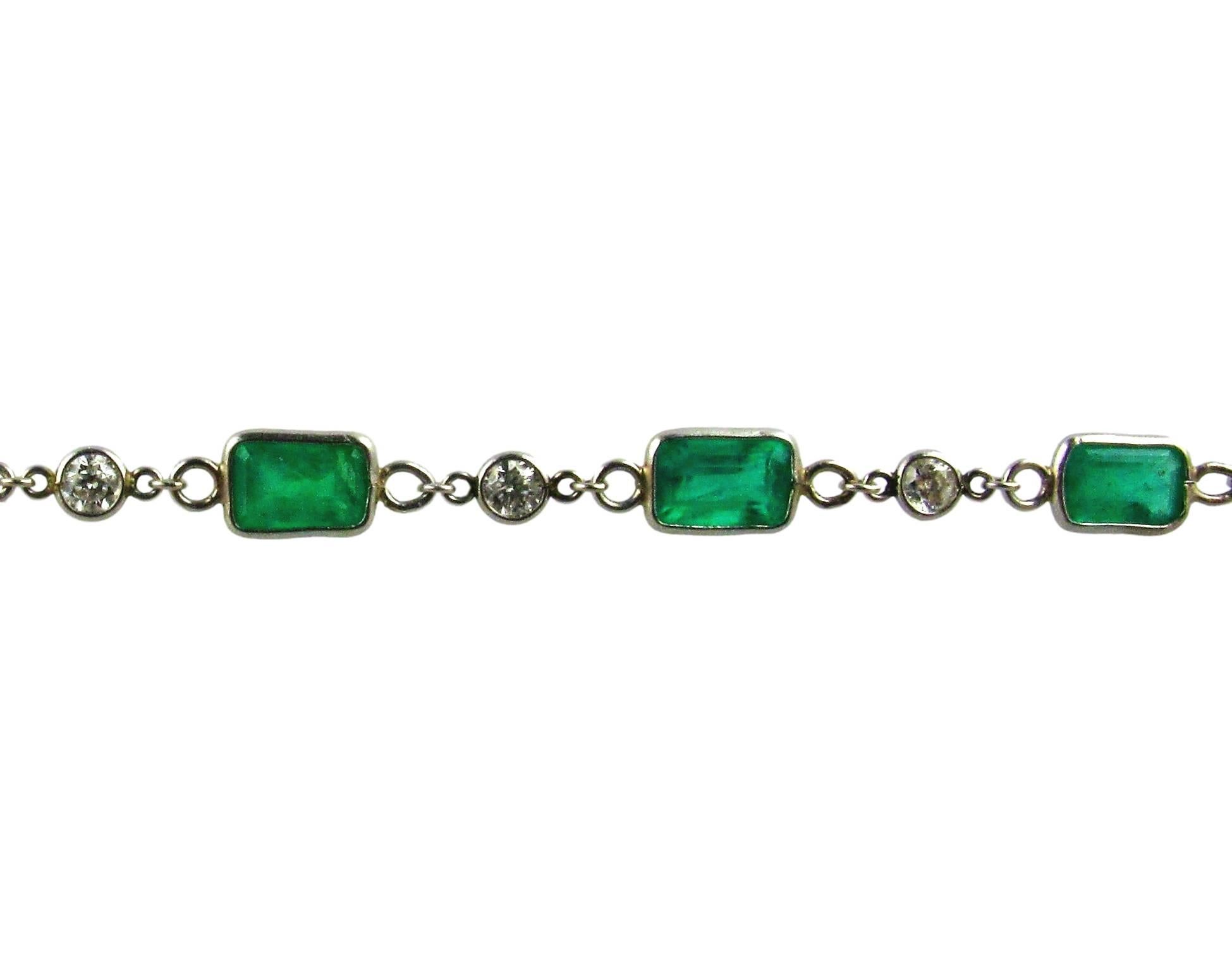 Modern Emerald and Diamond Opera Length Necklace / Four Rows Bracelet